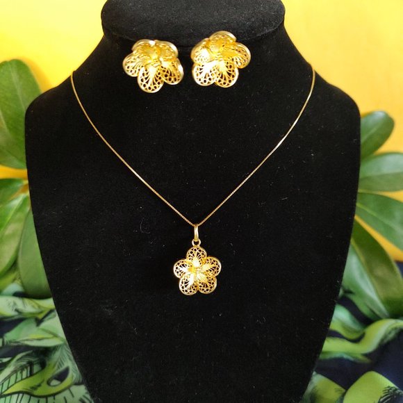 Filigree Earrings and necklace, 100% handmade 18 K gold plated silver 925. - Picture 1 of 11